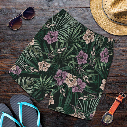 Short Vintage Blooming Hibiscus Flowers And Exotic Leaves Men Short