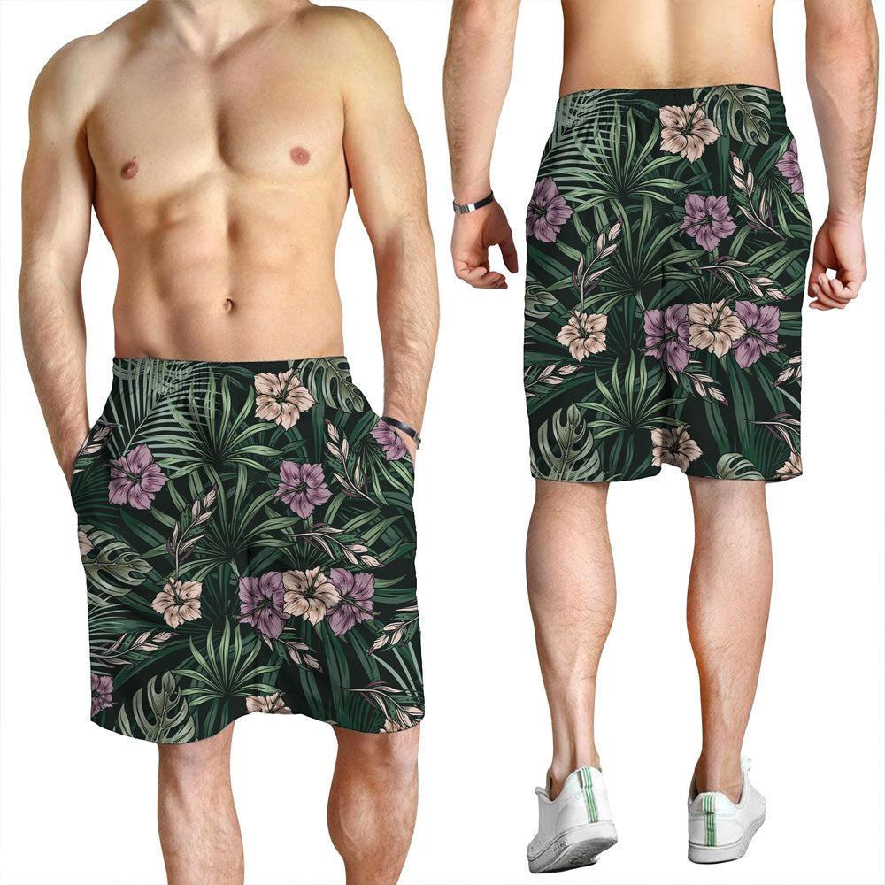 Short Vintage Blooming Hibiscus Flowers And Exotic Leaves Men Short