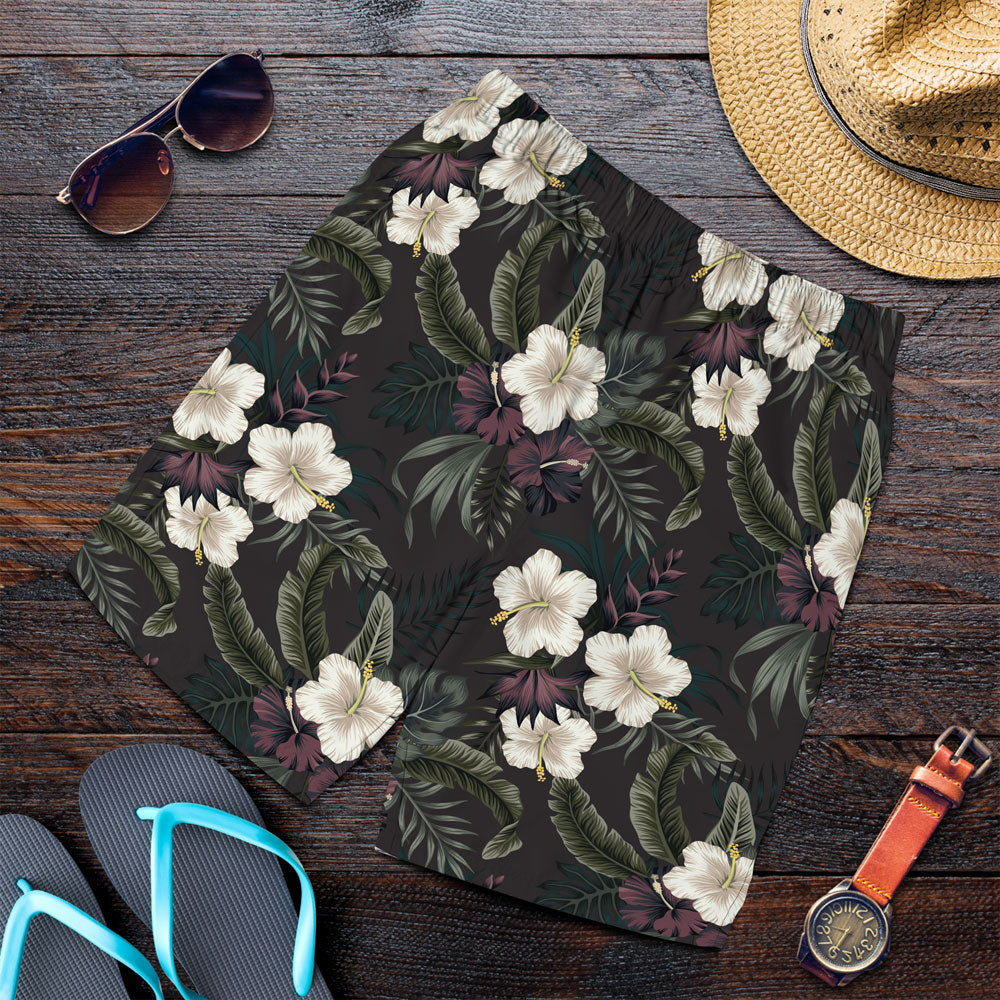 Short Tropical Vintage Dark White Hibiscus Flower Men Short