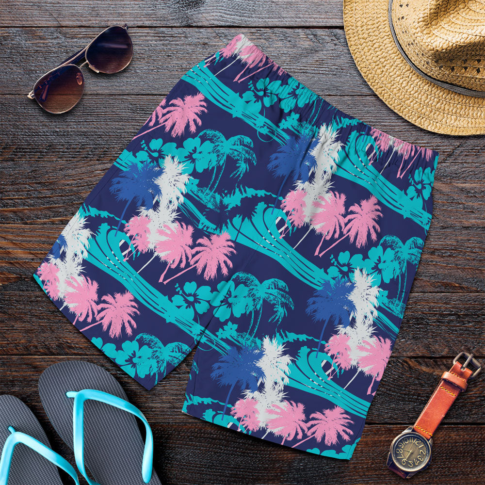 Short Tropical Palm Leaves And Hibiscus Blue Men Short