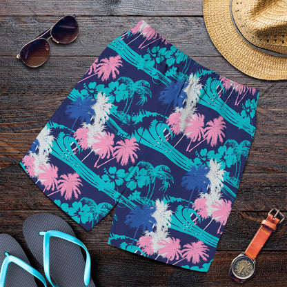 Short Tropical Palm Leaves And Hibiscus Blue Men Short