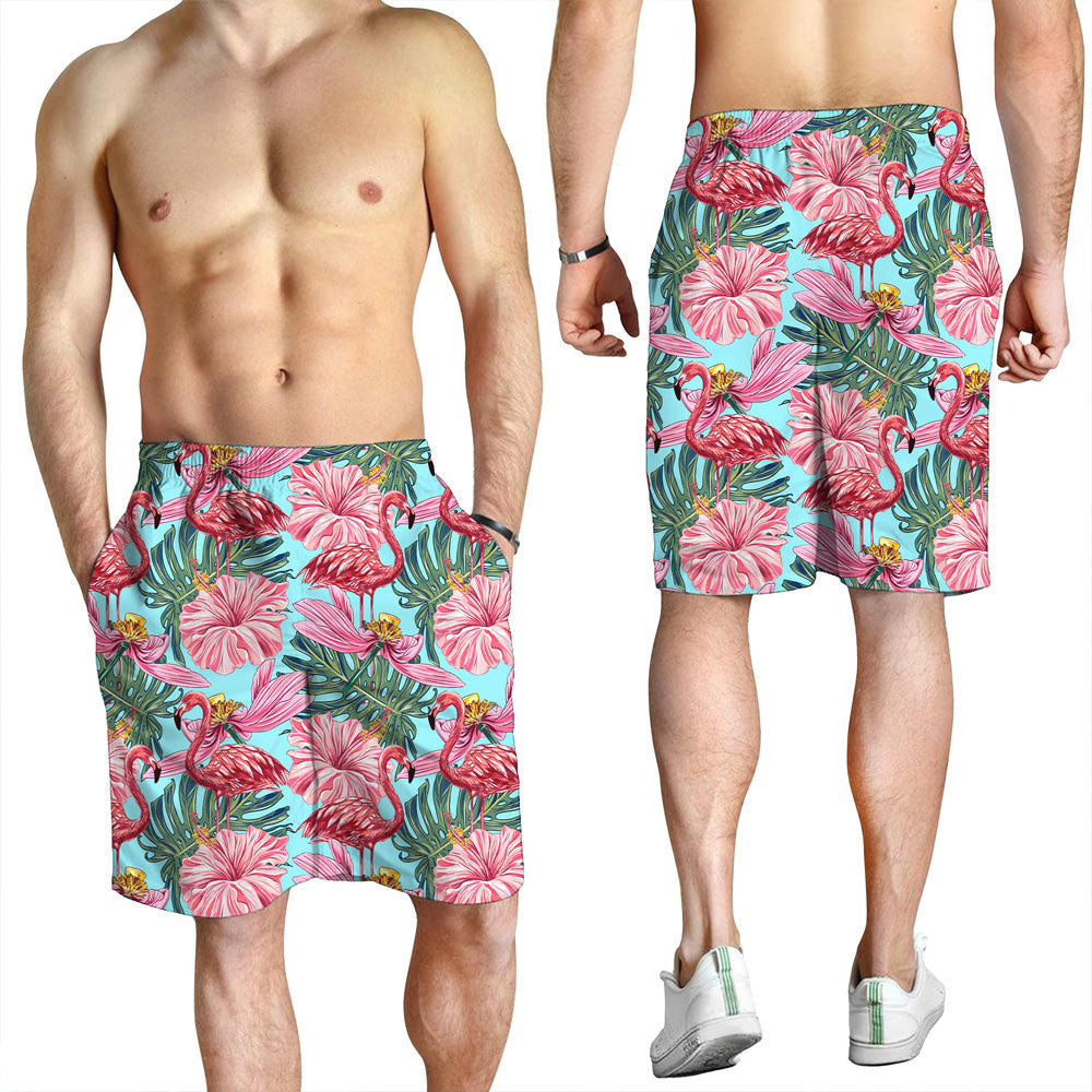 Short Pink Flamingos with Tropical Flowers Men Short