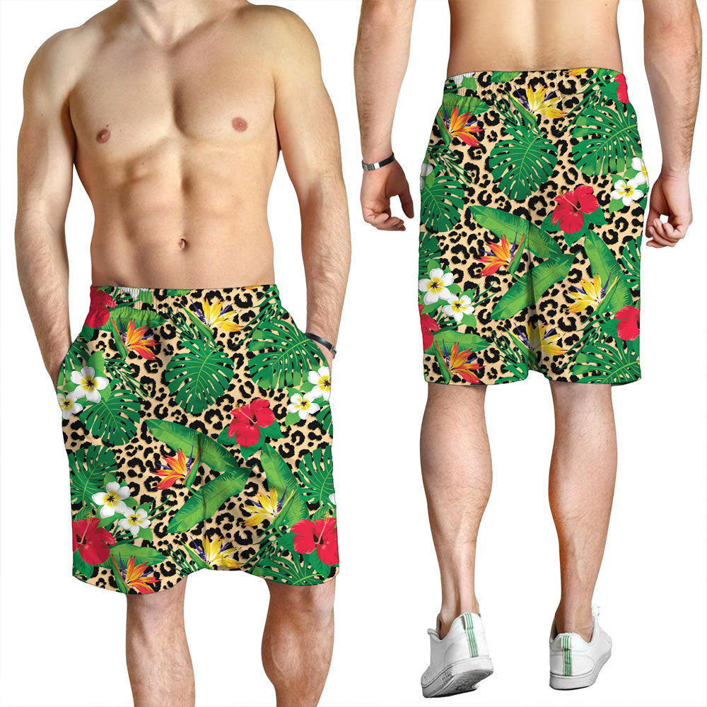 Short Tropical Flowers And Leaves On Leopard Men Short