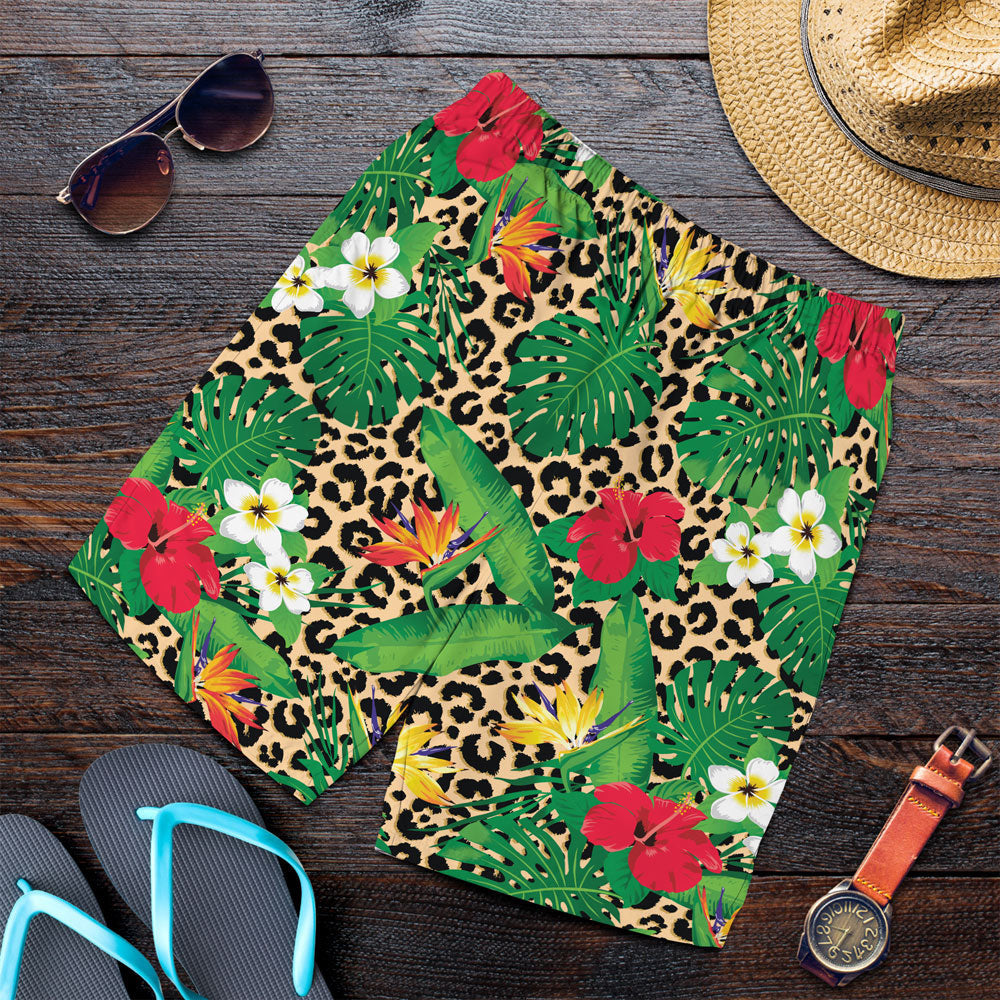 Short Tropical Flowers And Leaves On Leopard Men Short