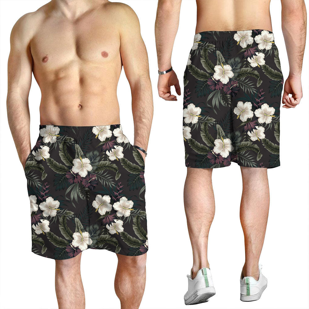 Short Tropical Vintage Dark White Hibiscus Flower Men Short