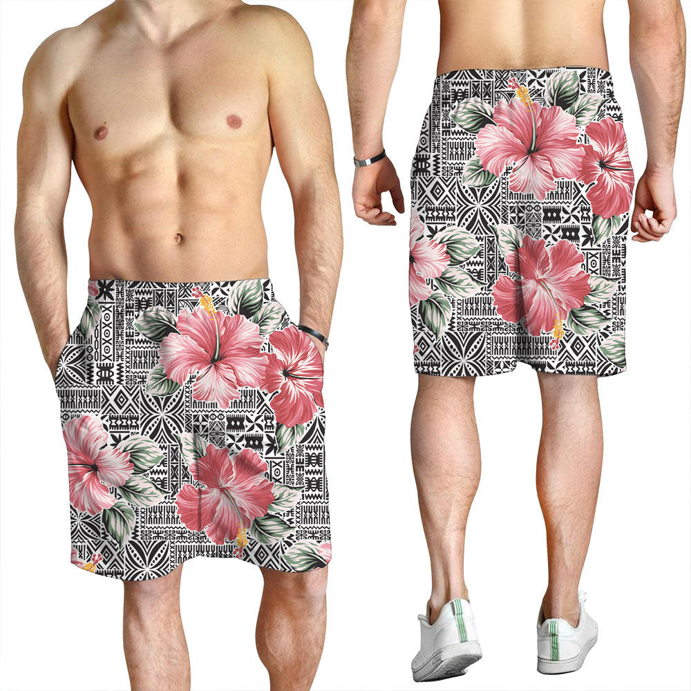 Short Pink Hibiscus Flower With Hawaiian Tribal Men Short
