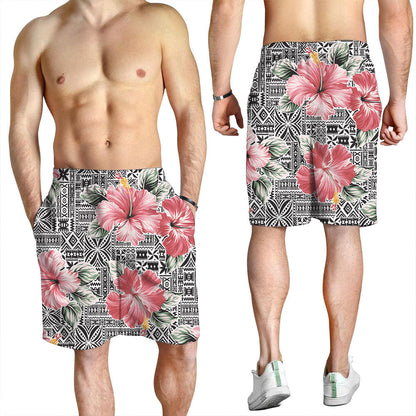 Short Pink Hibiscus Flower With Hawaiian Tribal Men Short