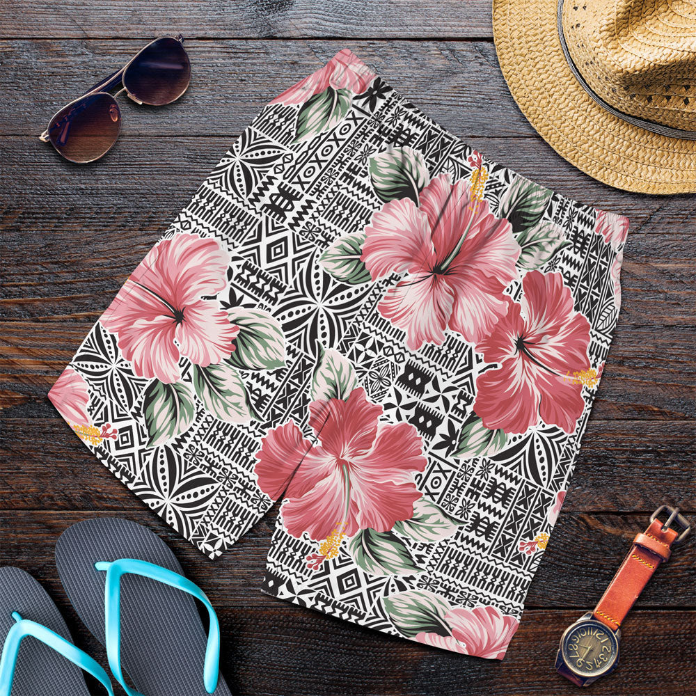 Short Pink Hibiscus Flower With Hawaiian Tribal Men Short
