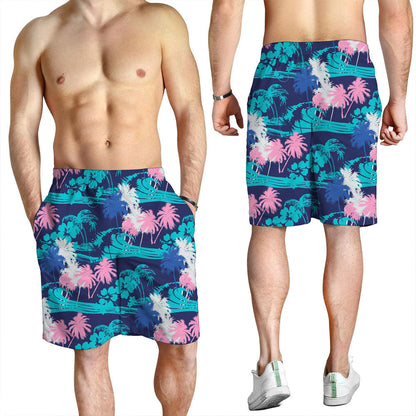 Short Tropical Palm Leaves And Hibiscus Blue Men Short