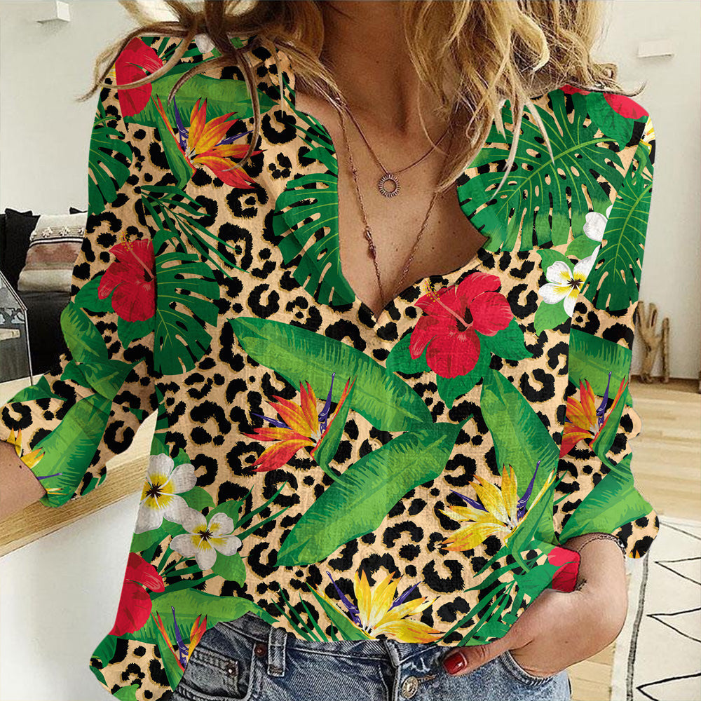 Clothing Tropical Flowers And Leaves On Leopard Women Casual Shirt