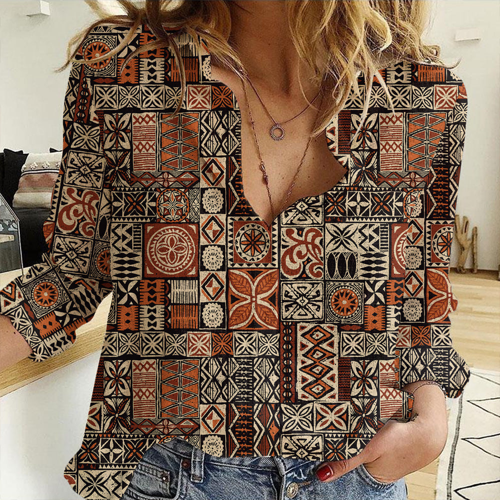Clothing Hawaiian Style Tapa Tribal Fabric Abstract Women Casual Shirt