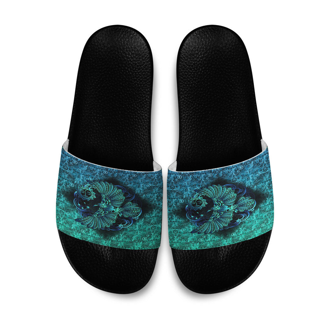 Slide Sandals Odin's Celtic Raven on the Background Yggdrasil Tree Cyan Celtic Tattoo Slide Sandals