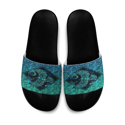 Slide Sandals Odin's Celtic Raven on the Background Yggdrasil Tree Cyan Celtic Tattoo Slide Sandals