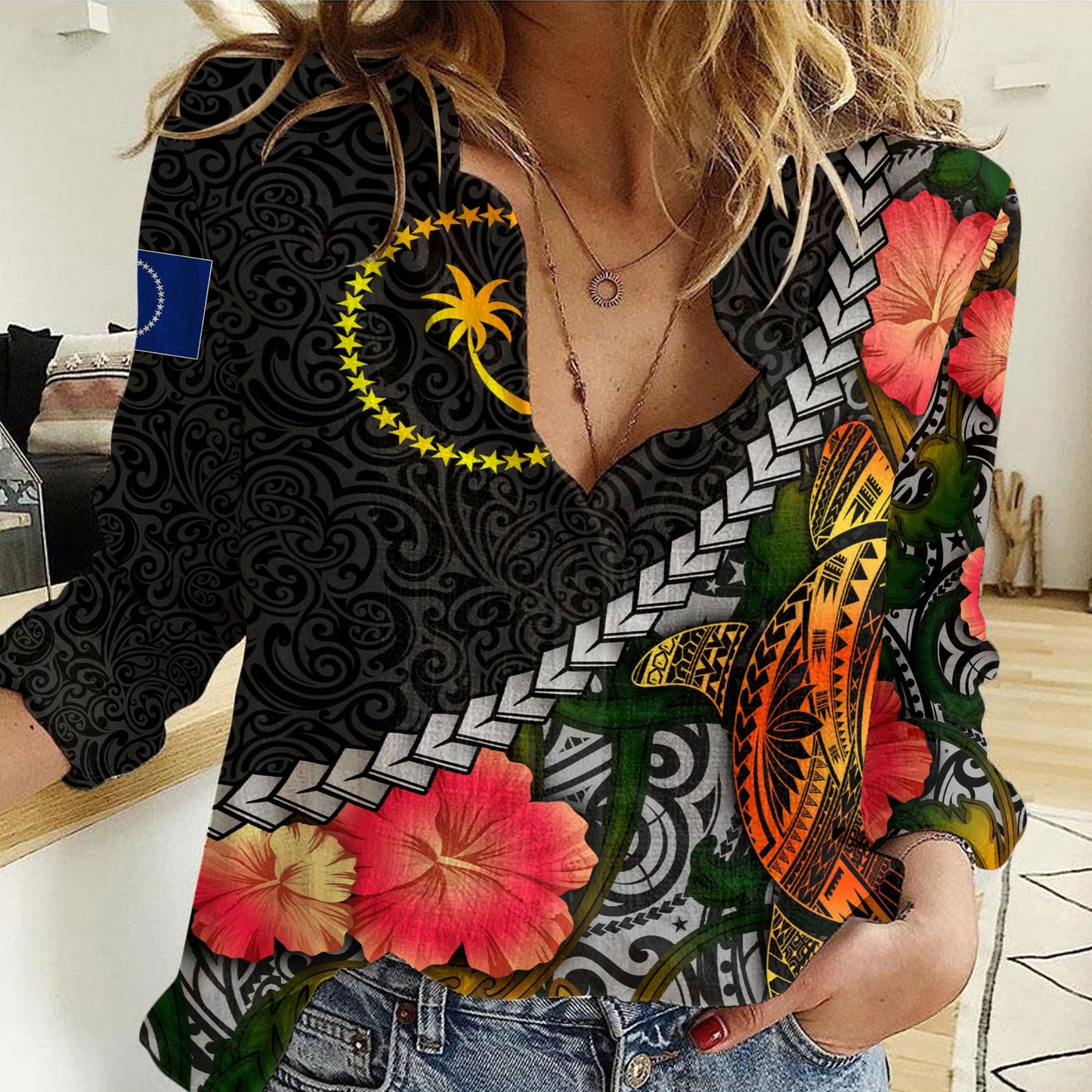 Clothing Chuuk Islands Flower And Turtle Polynesia Women Casual Shirt