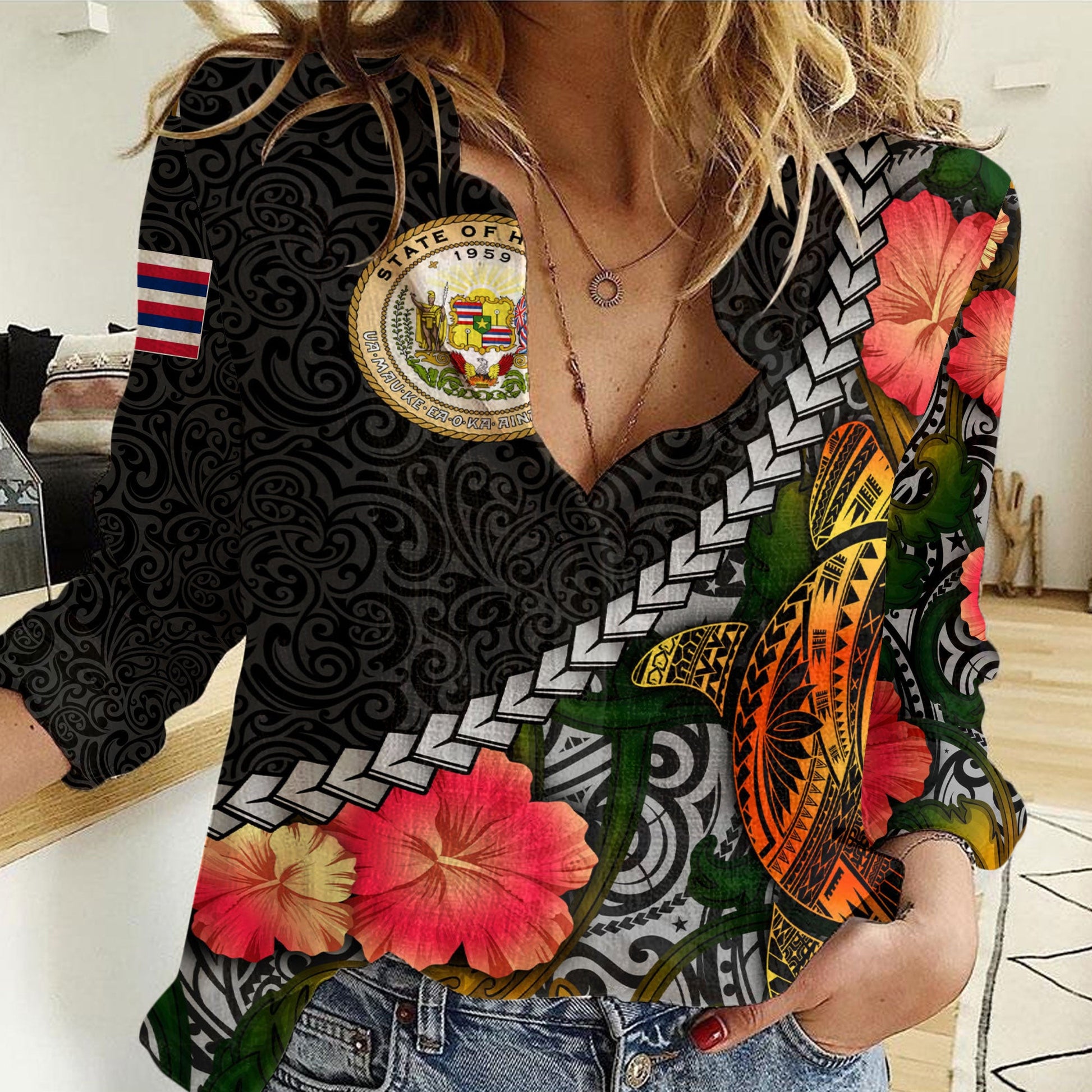 Clothing Hawaii Flower And Turtle Polynesia Women Casual Shirt