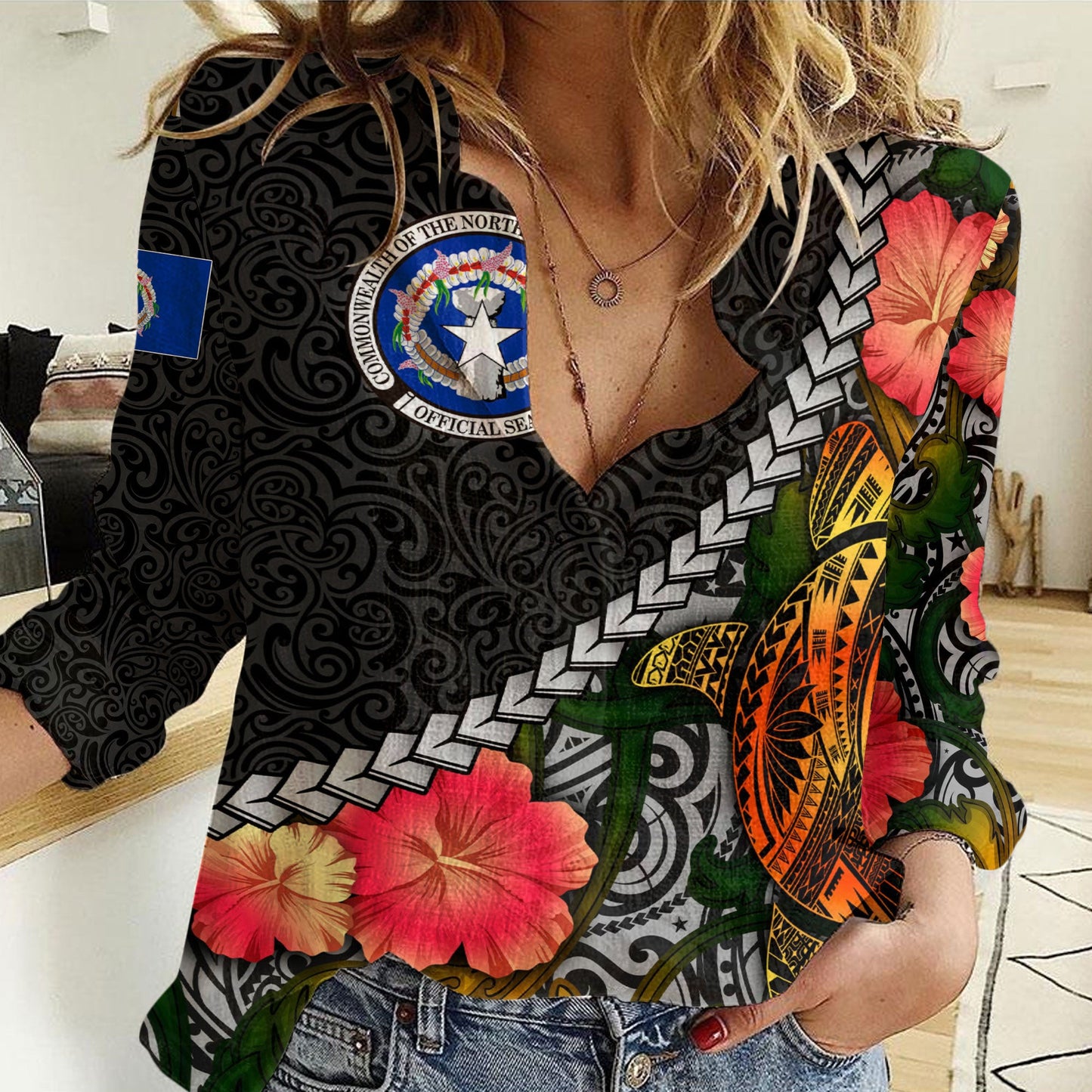 Clothing Northern Mariana Flower And Turtle Polynesia Women Casual Shirt