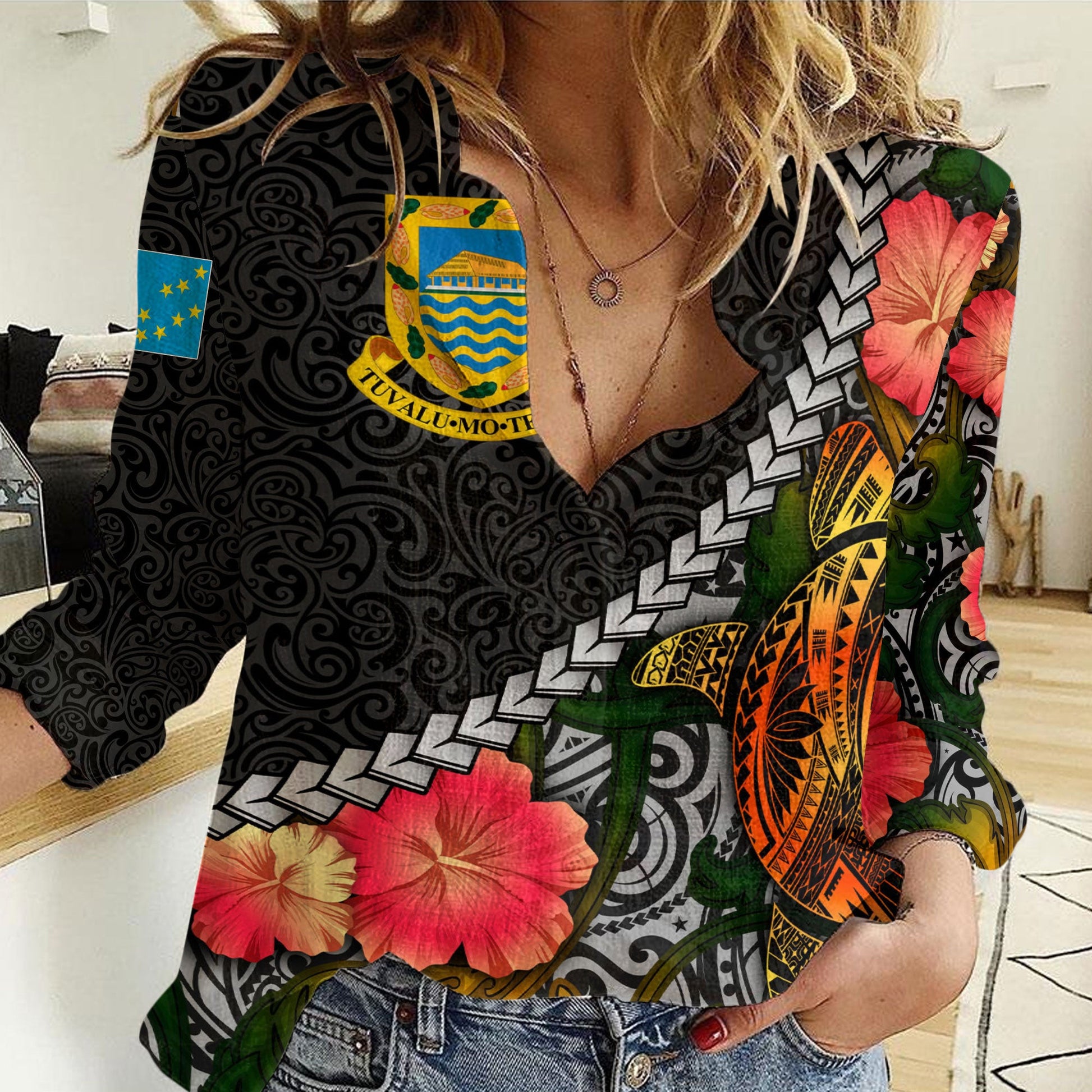 Clothing Tuvalu Islands Flower And Turtle Polynesia Women Casual Shirt