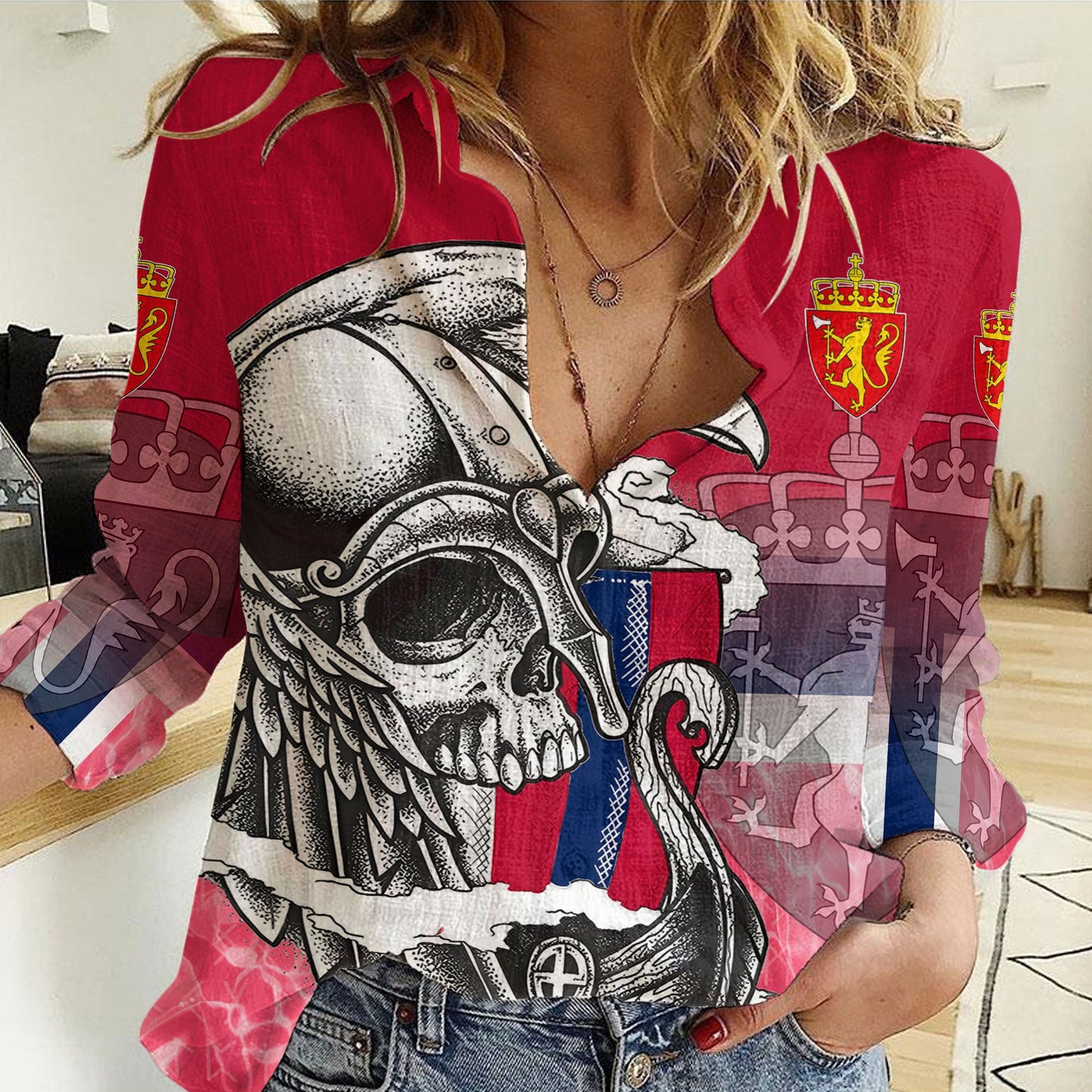 Clothing Norway Raven Drakkar and Skull Women Casual Shirt