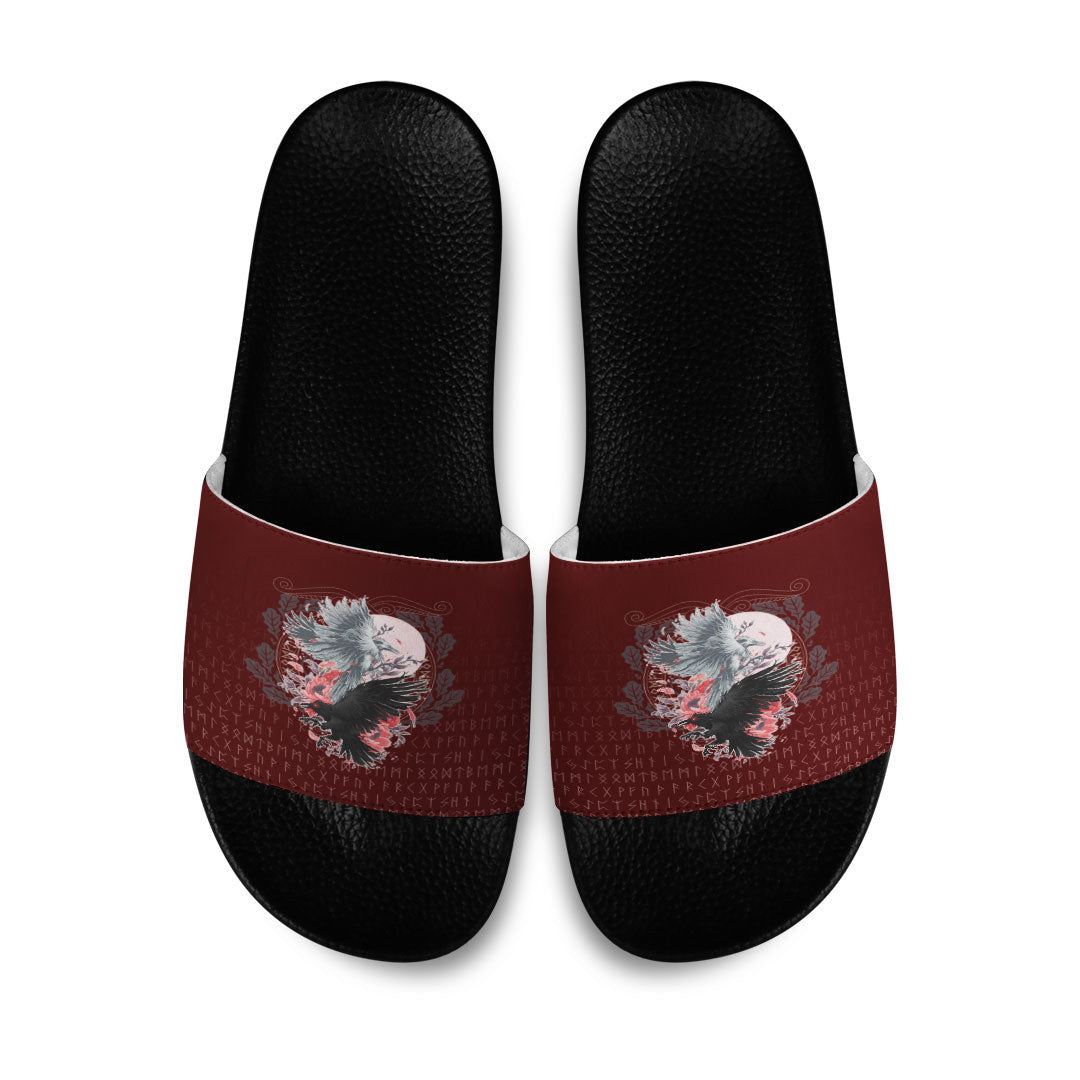 Slide Sandals Raven Black and White Red Yggdrasil Slide Sandals