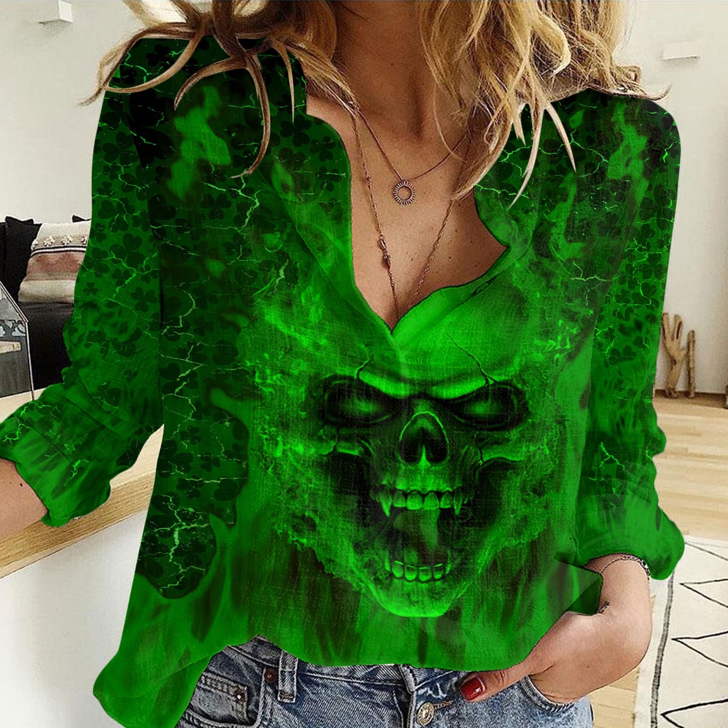 Clothing Patrick's Day Skull Fire Skull Women Casual Shirt