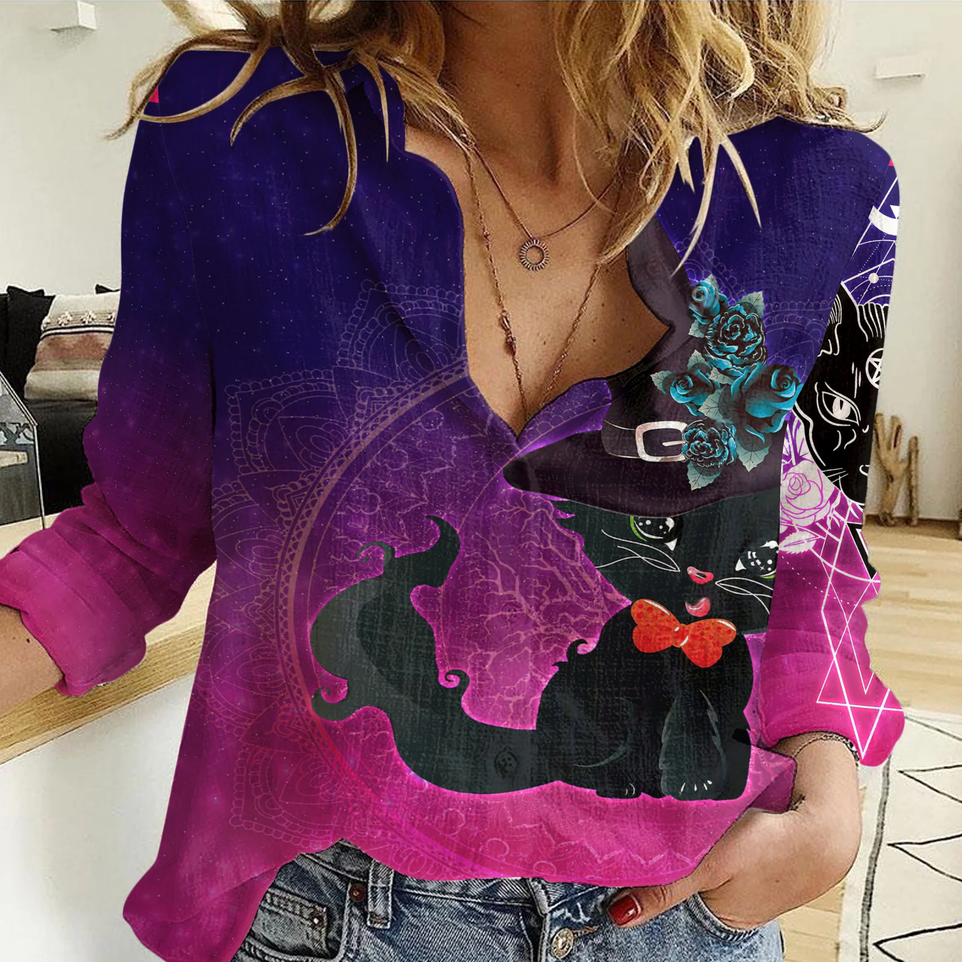 Clothing Pentagram Cat Wicca Women Casual Shirt