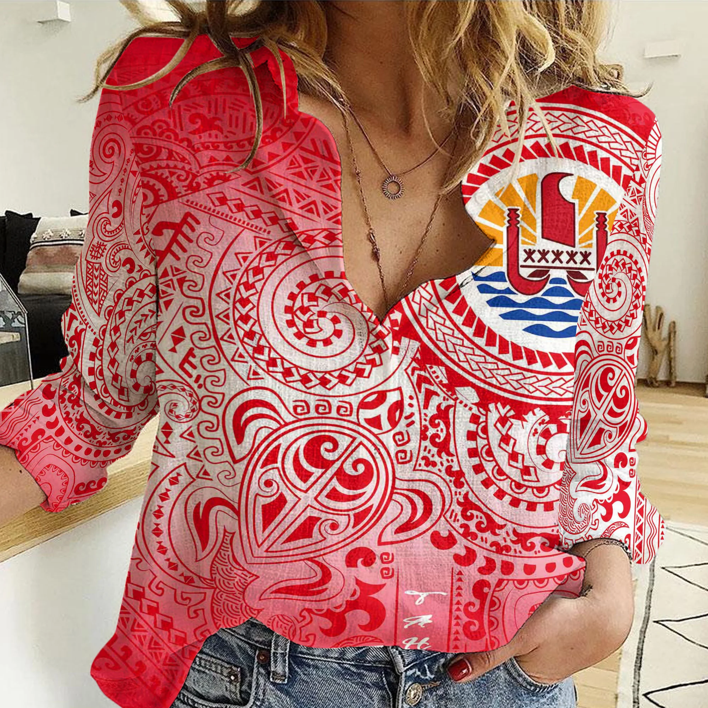 Clothing Tahiti Polynesian Tattoo Gradiant Women Casual Shirt