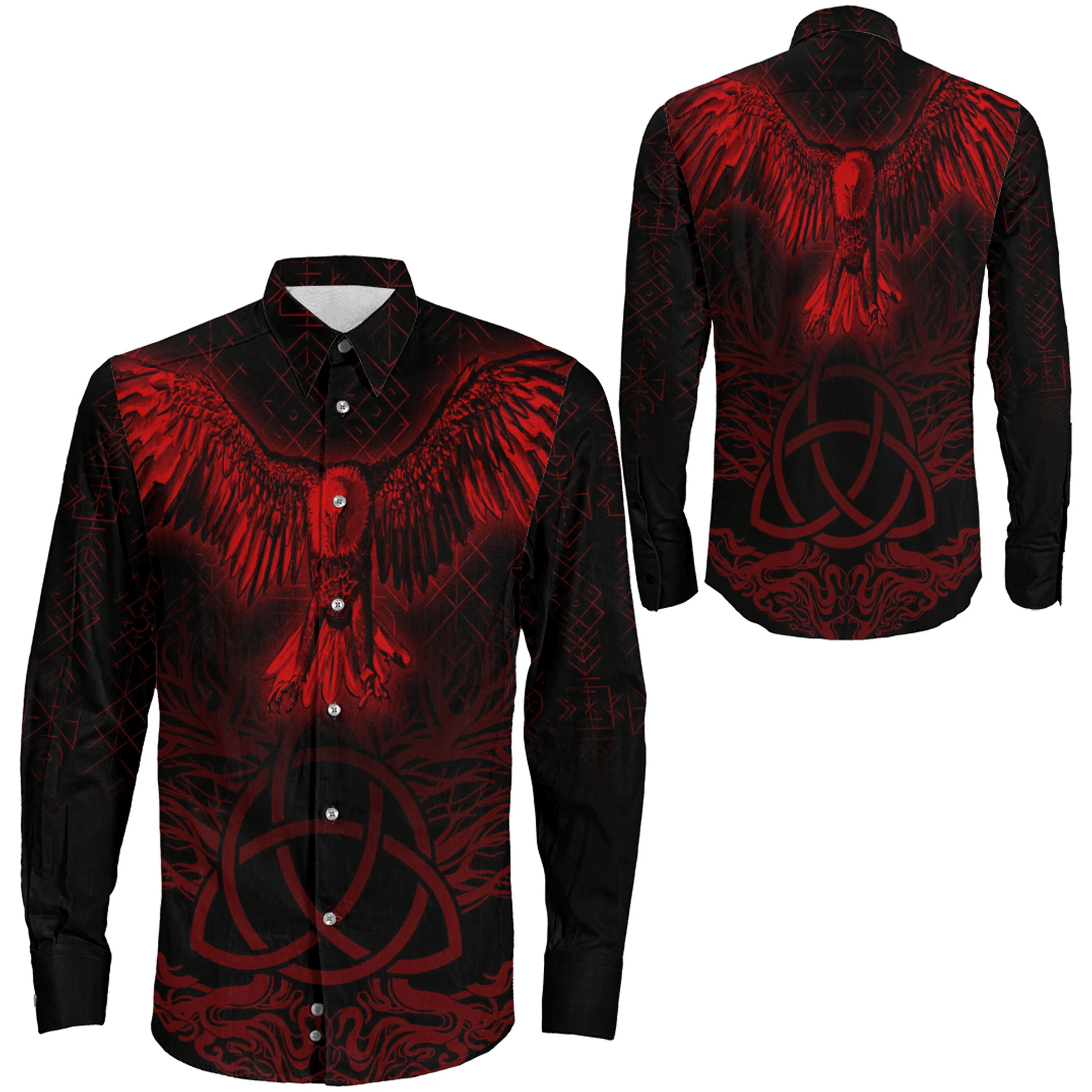 Clothing Raven Tree Cletic Red Viking Long Sleeve Button Shirt