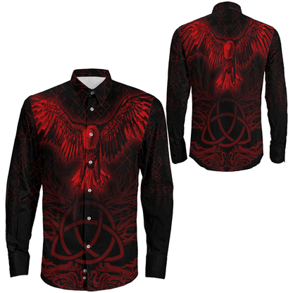 Clothing Raven Tree Cletic Red Viking Long Sleeve Button Shirt