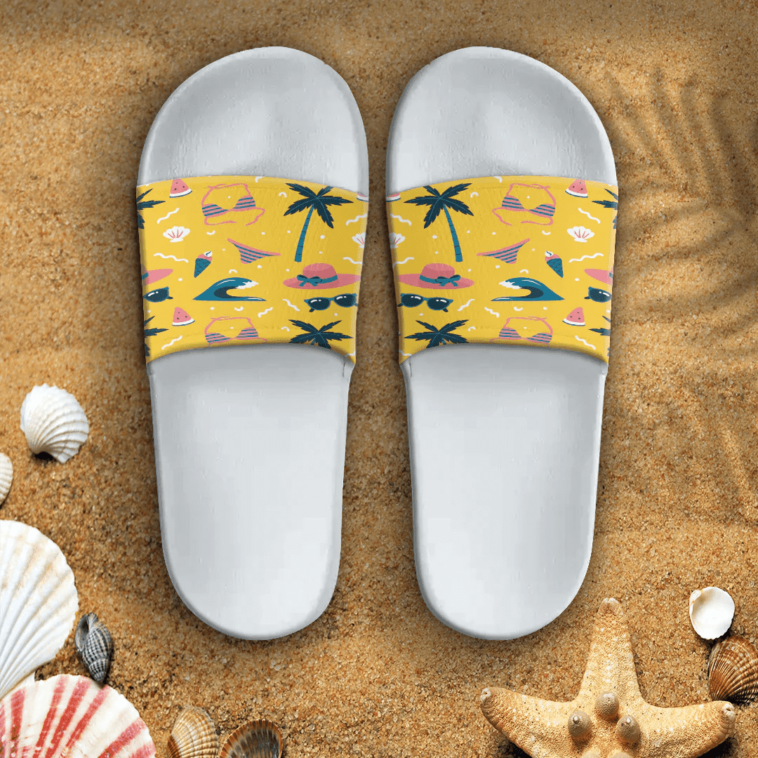 Sandal Summer Pattern Underwear,Coconut and Straw Hat Yellow Background Slide Sandal