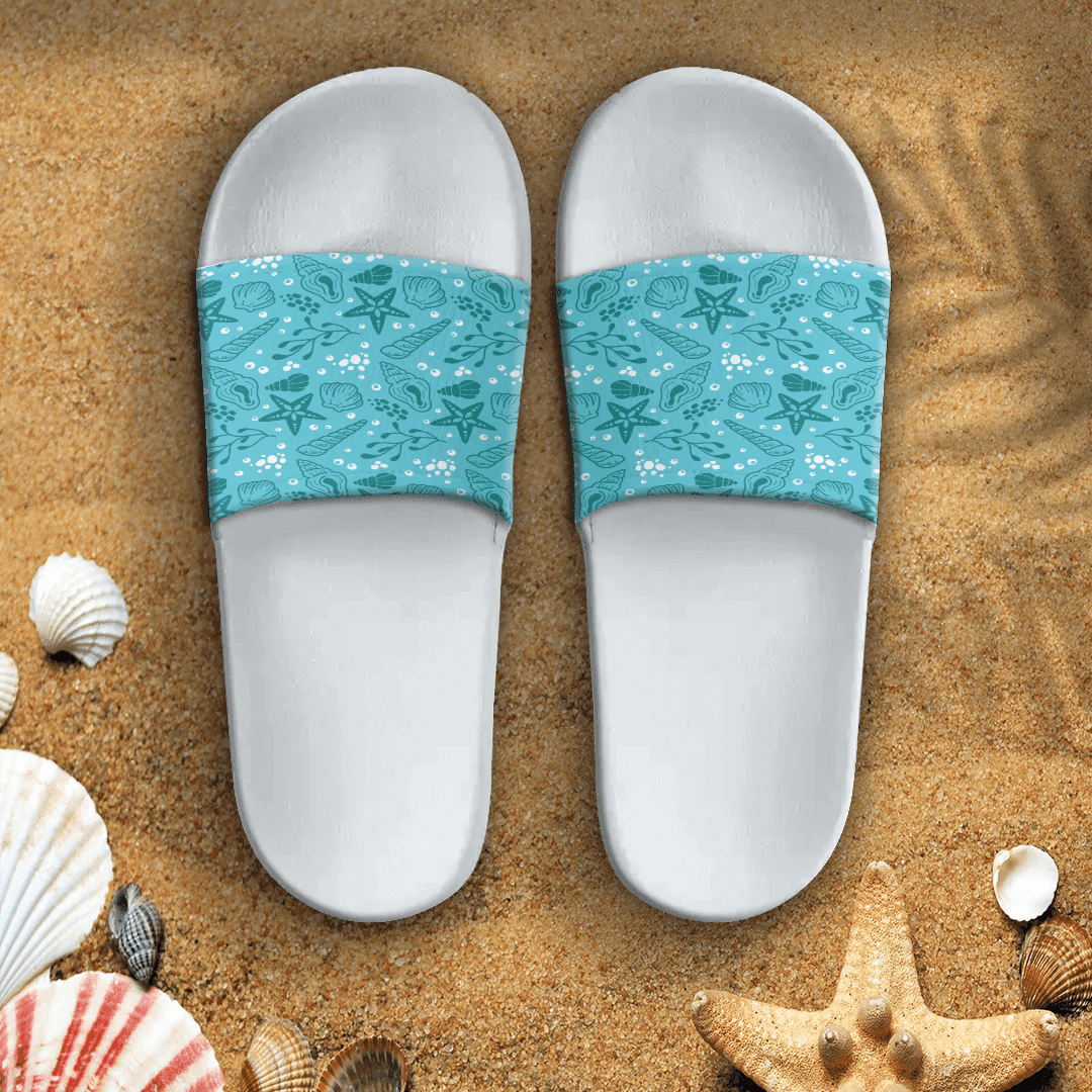 Sandal Summer Pattern Sea Snail Cyan Background Slide Sandal