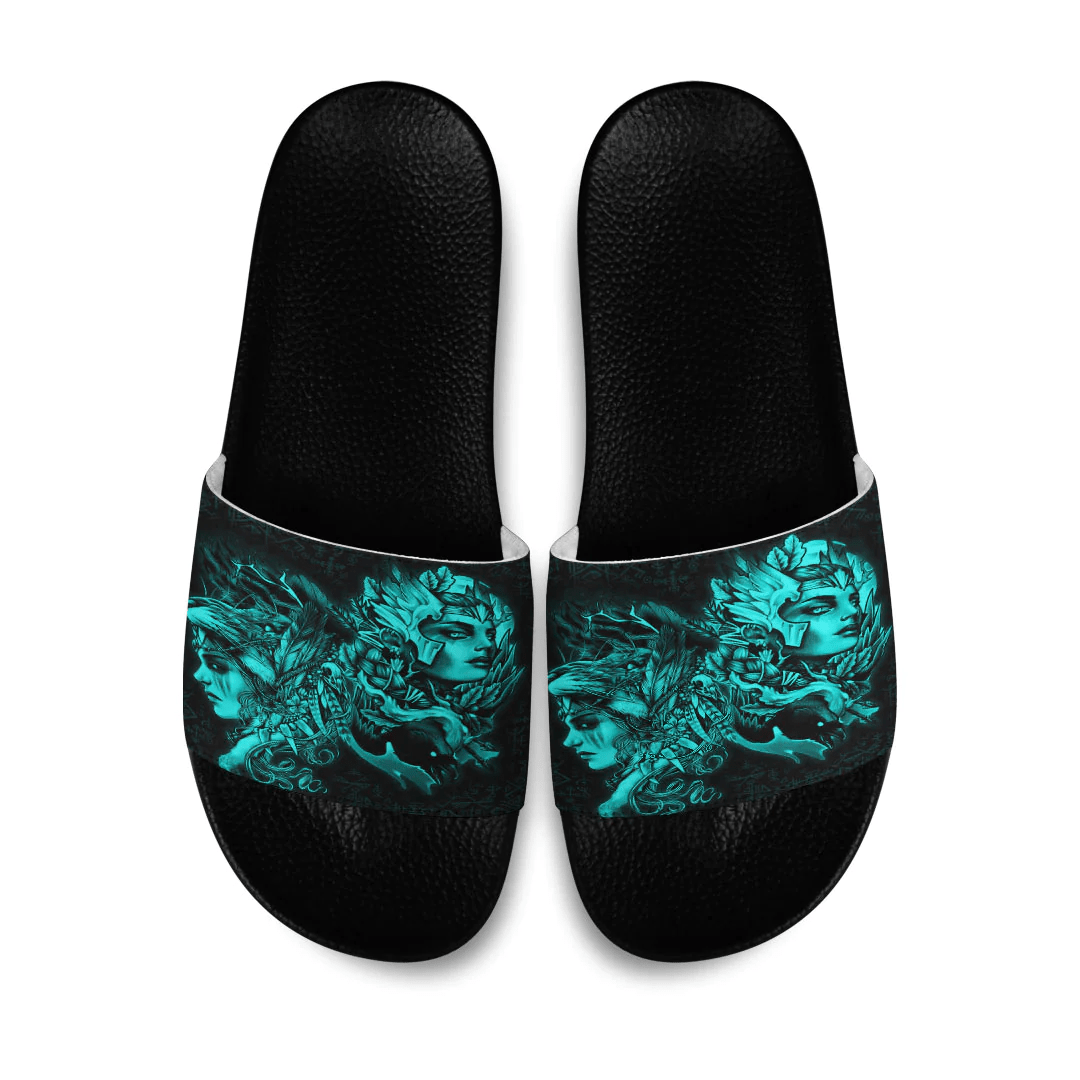 Slide Sandals Valkyries And Bear Raven Turquoise Viking Slide Sandals