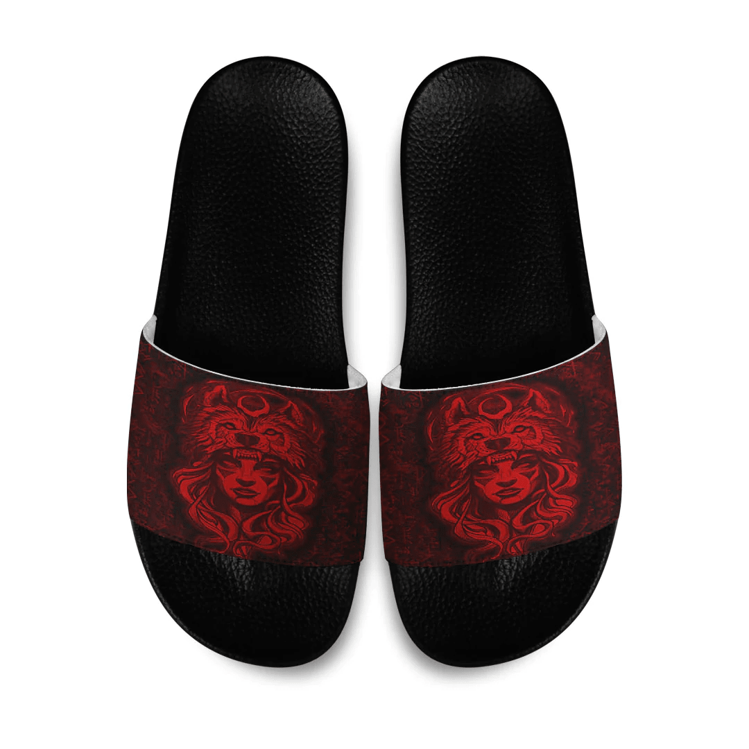 Slide Sandals Valkyries And Wolf Moon Red Viking Slide Sandals