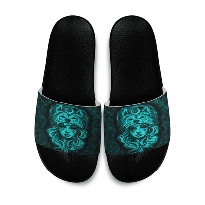 Slide Sandals Valkyries And Wolf Moon Turquoise Viking Slide Sandals