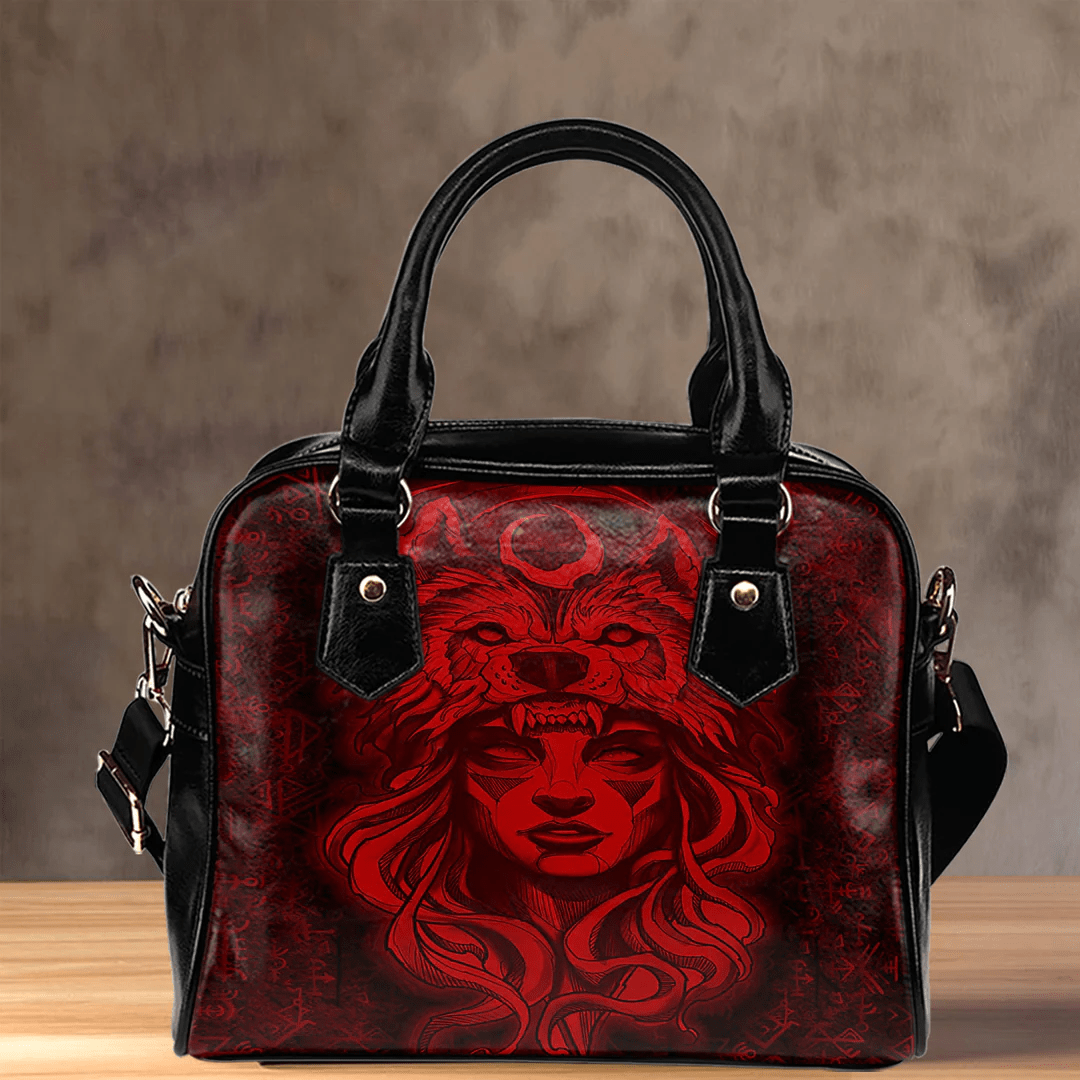 Shoulder Handbag Valkyries And Wolf Moon Red Viking Shoulder Handbag