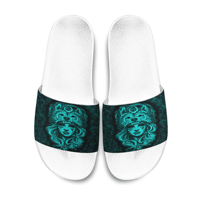 Slide Sandals Valkyries And Wolf Moon Turquoise Viking Slide Sandals