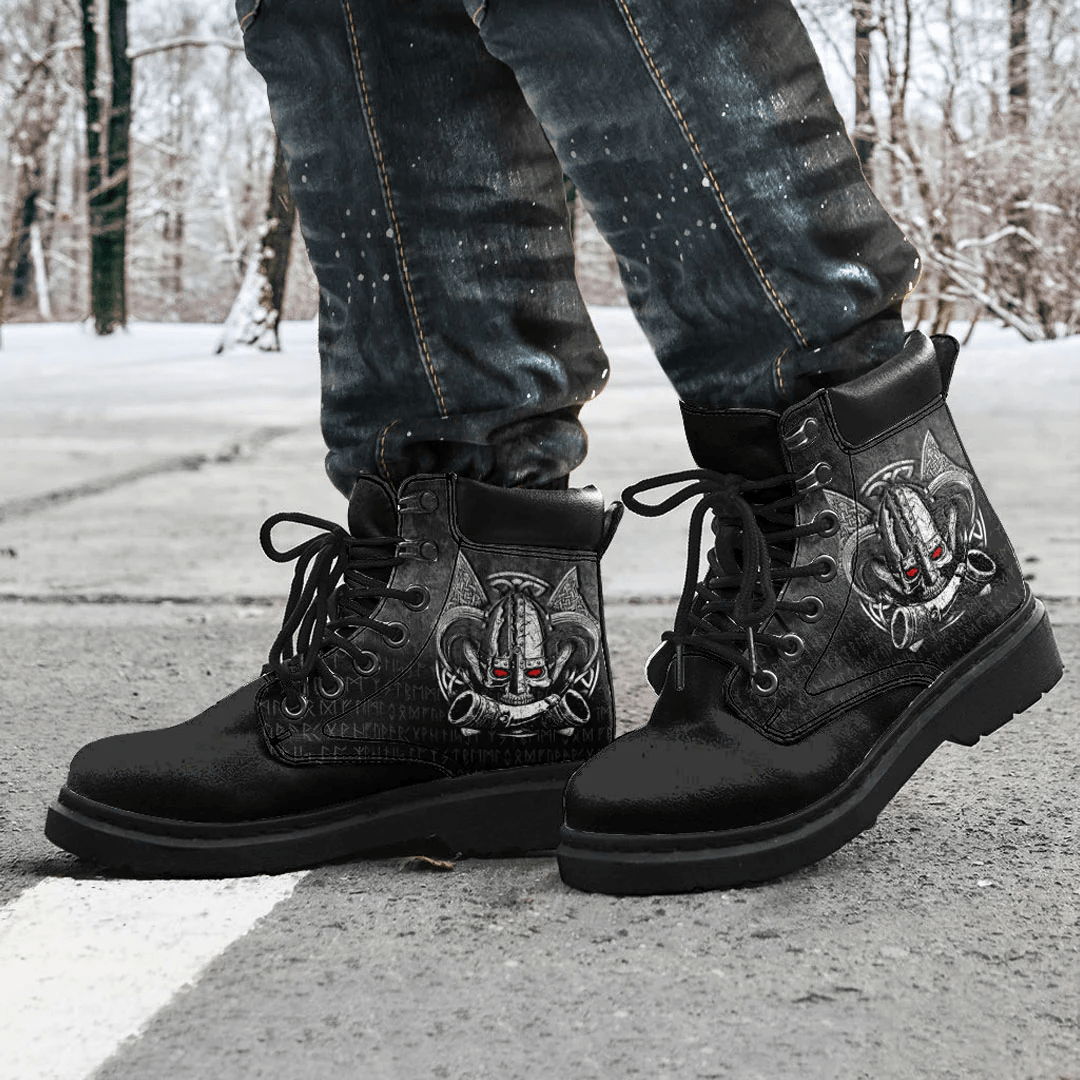 Boots Nordic Mythology Skull Mead Horn Warrior Runes Viking All Season Boots