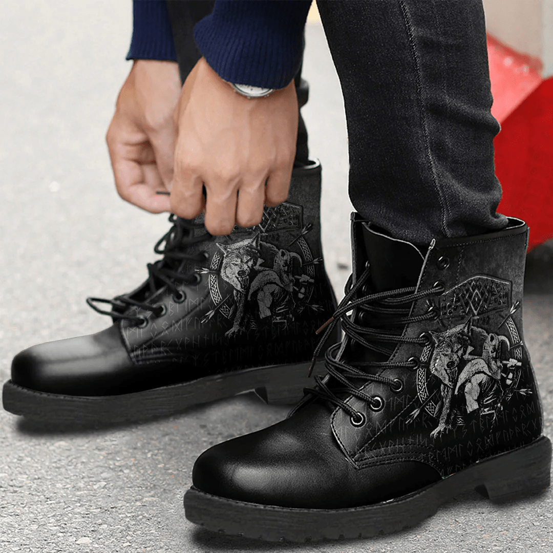 Boots Fenrir Wolf Of Odin Norse Runes Thor Hammer Mjolnir Leather Boots