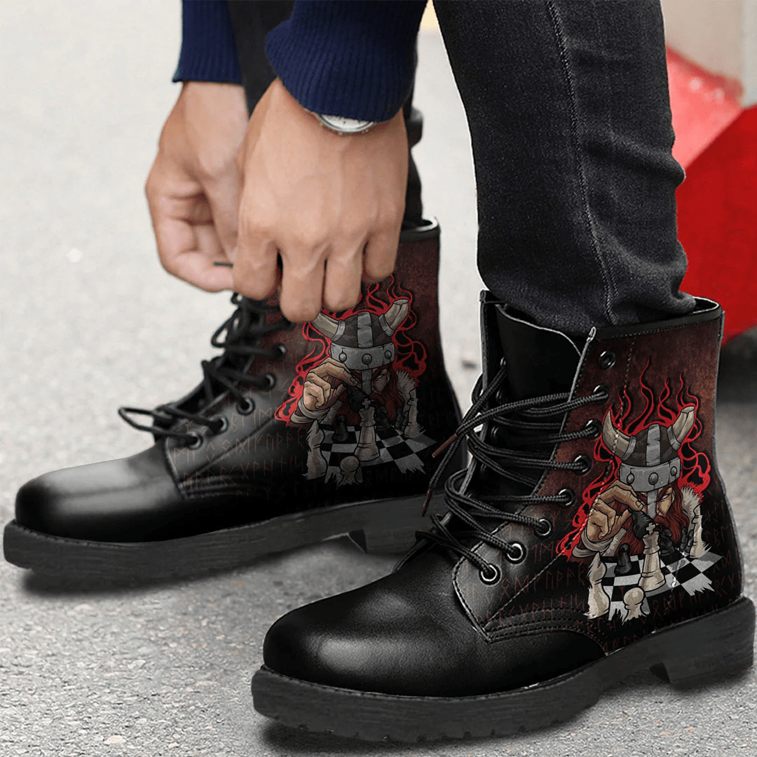 Boots Brave Viking With Chessboard Chess Leather Boots