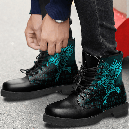 Boots Raven Vegvisir Tattoo Cyan Leather Boots