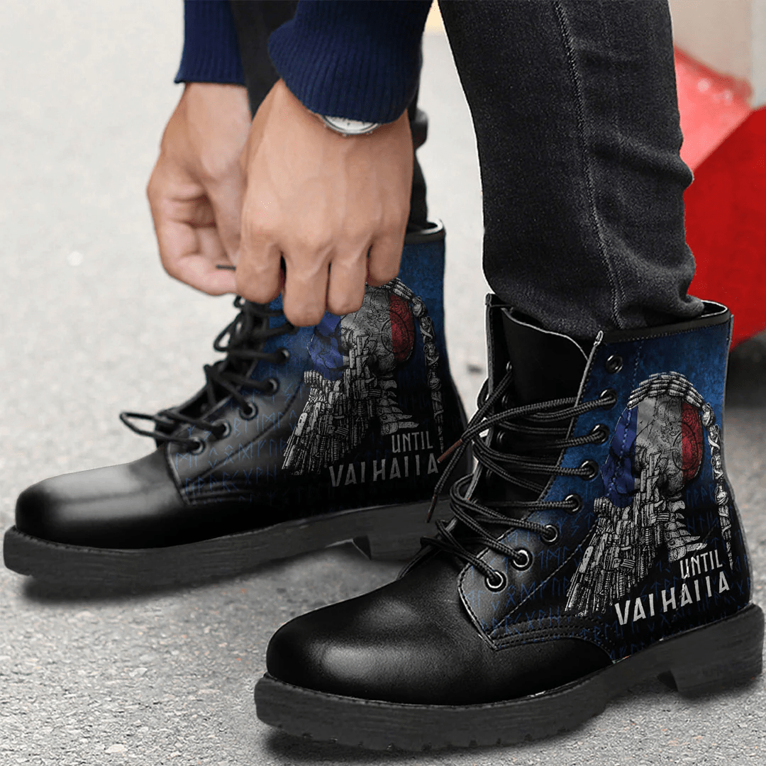 Boots Until Valhalla Viking Skull French Flag Leather Boots