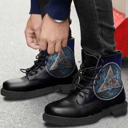 Boots Norse Triskele Valknut Shield In Silver And Blue Leather Boots