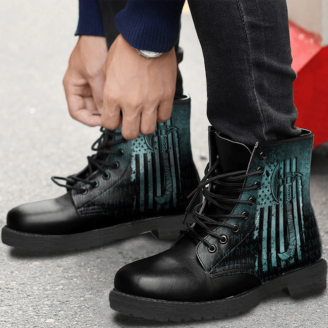Boots Usa Flag Viking Cool American Norsemen Cyan Leather Boots