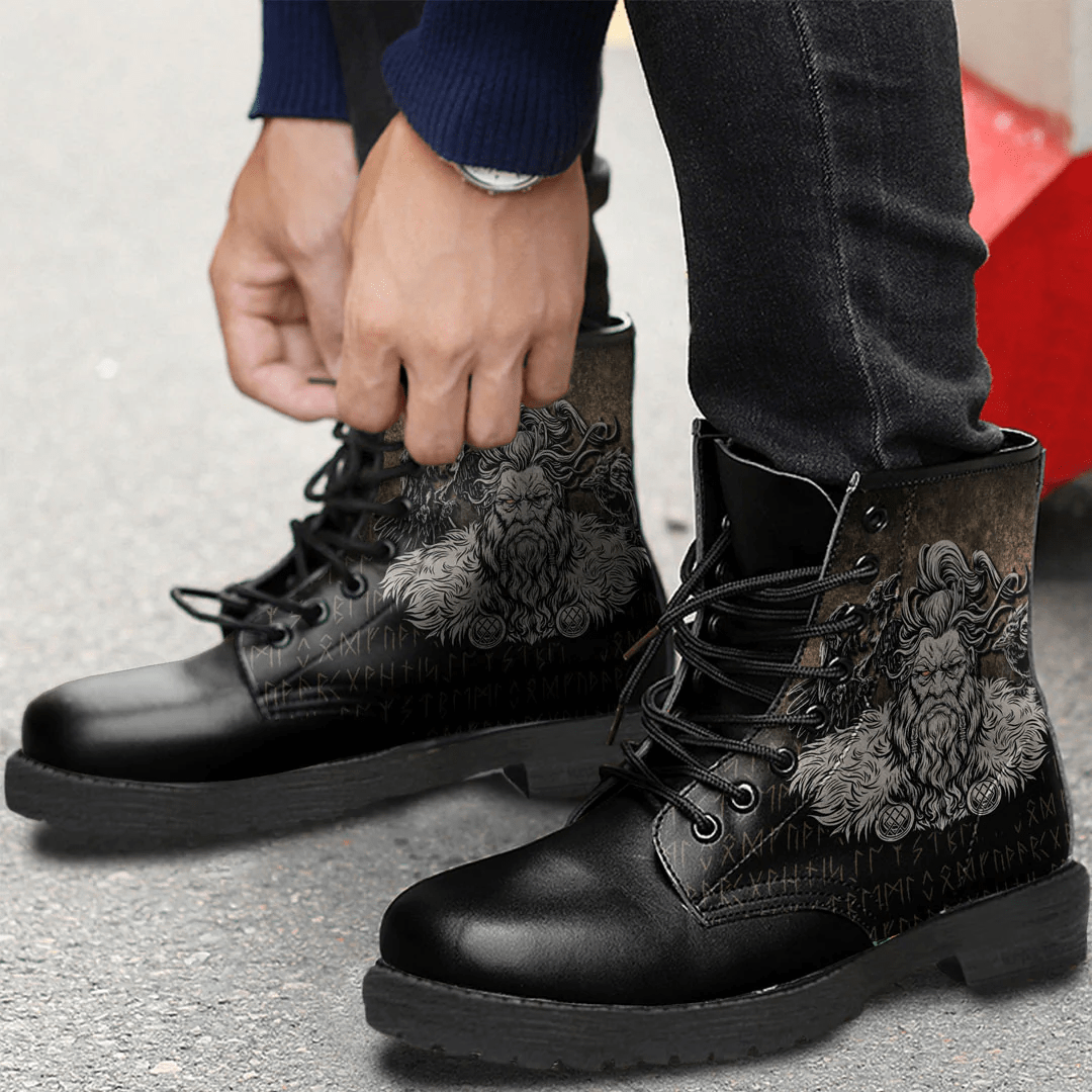Boots Norse Viking Mythology Allfather Odin Huginn Muninn Leather Boots