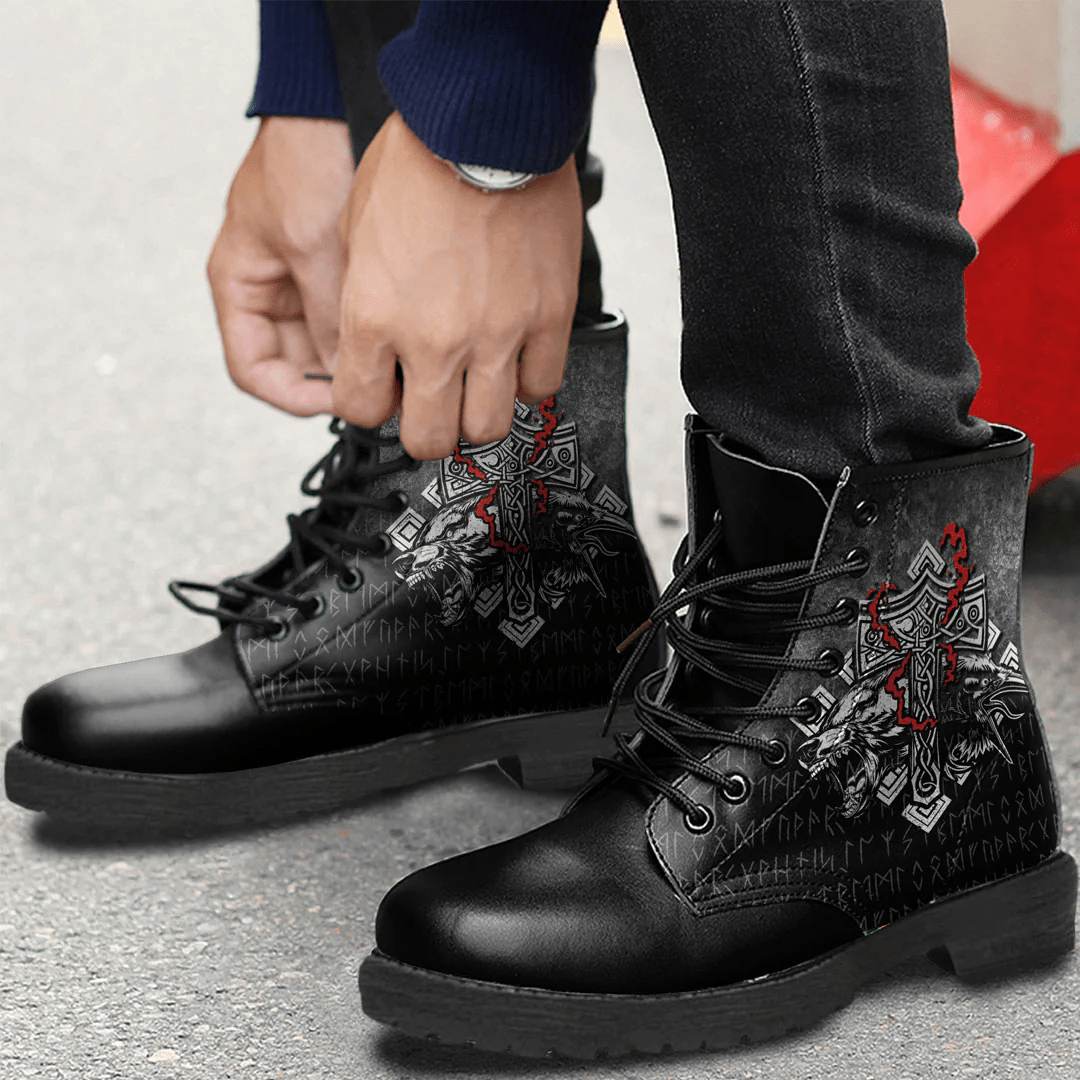 Boots Thor Hammer Mjolnir Rune Protection Odin Raven Viking Leather Boots