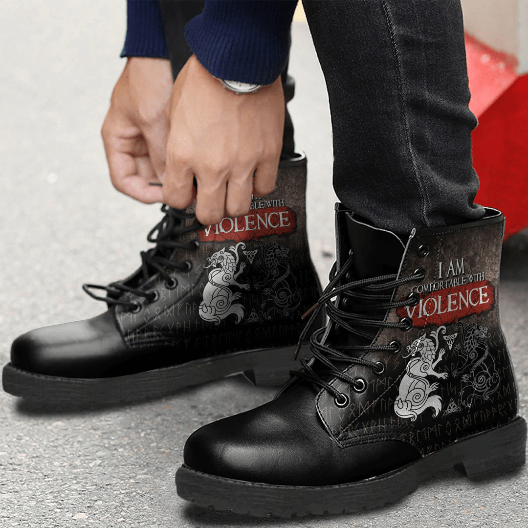 Boots Odin's Wolves Geri And Freki I'm Comfortable With Violence Leather Boots