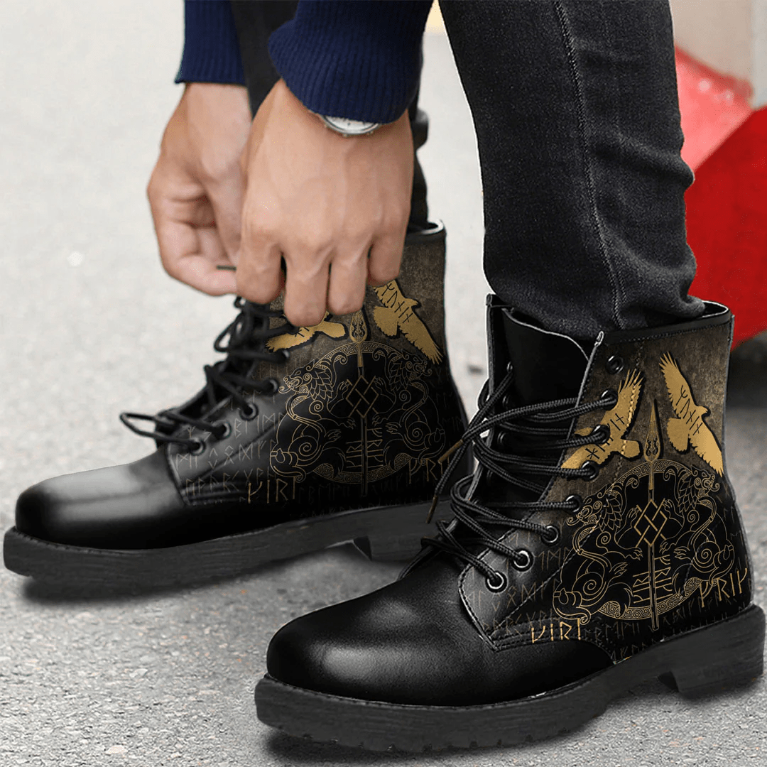 Boots Norse Mythology Spear Of Odin Gungnir Runes Geri Freki Huginn Muninn Leather Boots