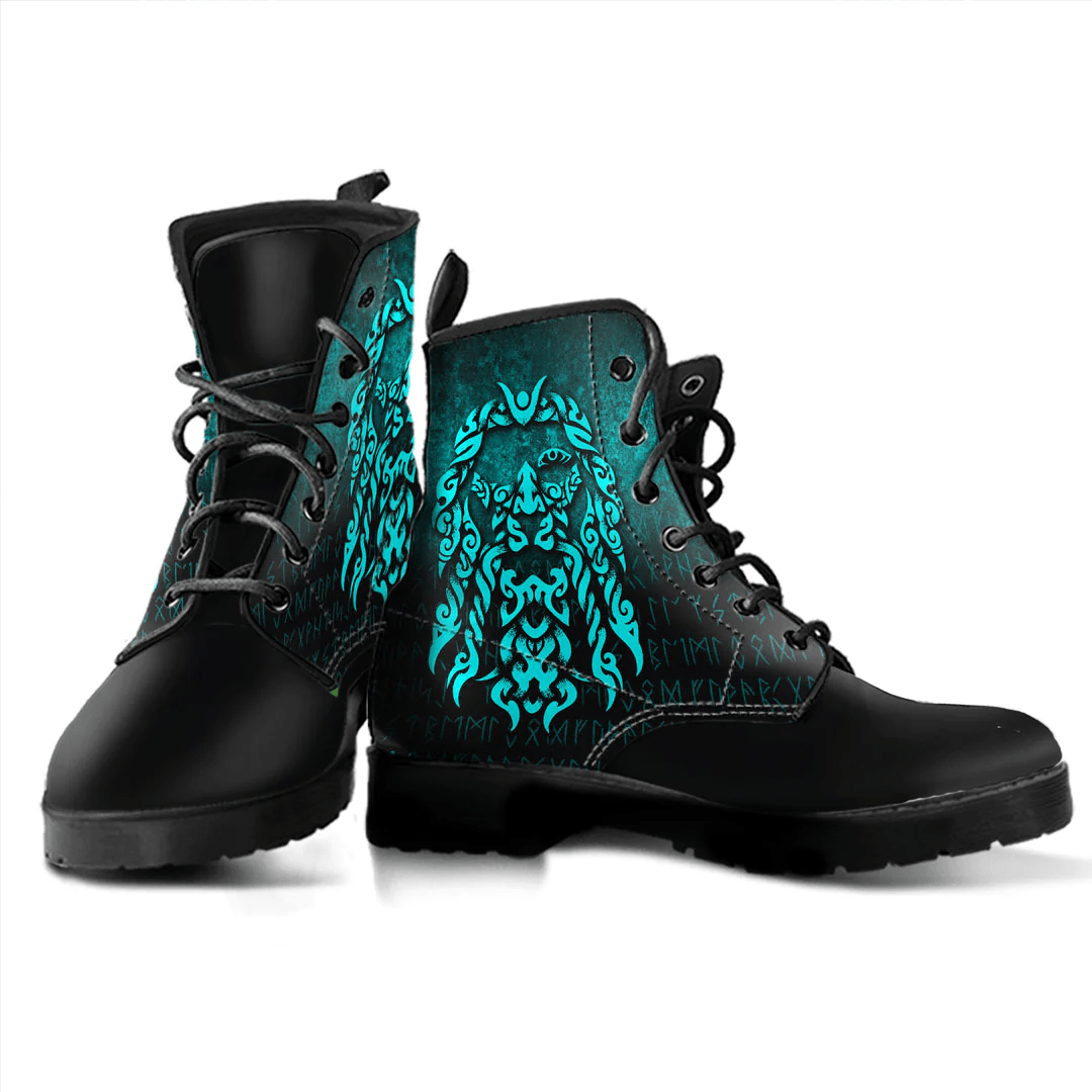 Boots Viking God Odin Allfather In Asgard Raven God Cyan Leather Boots