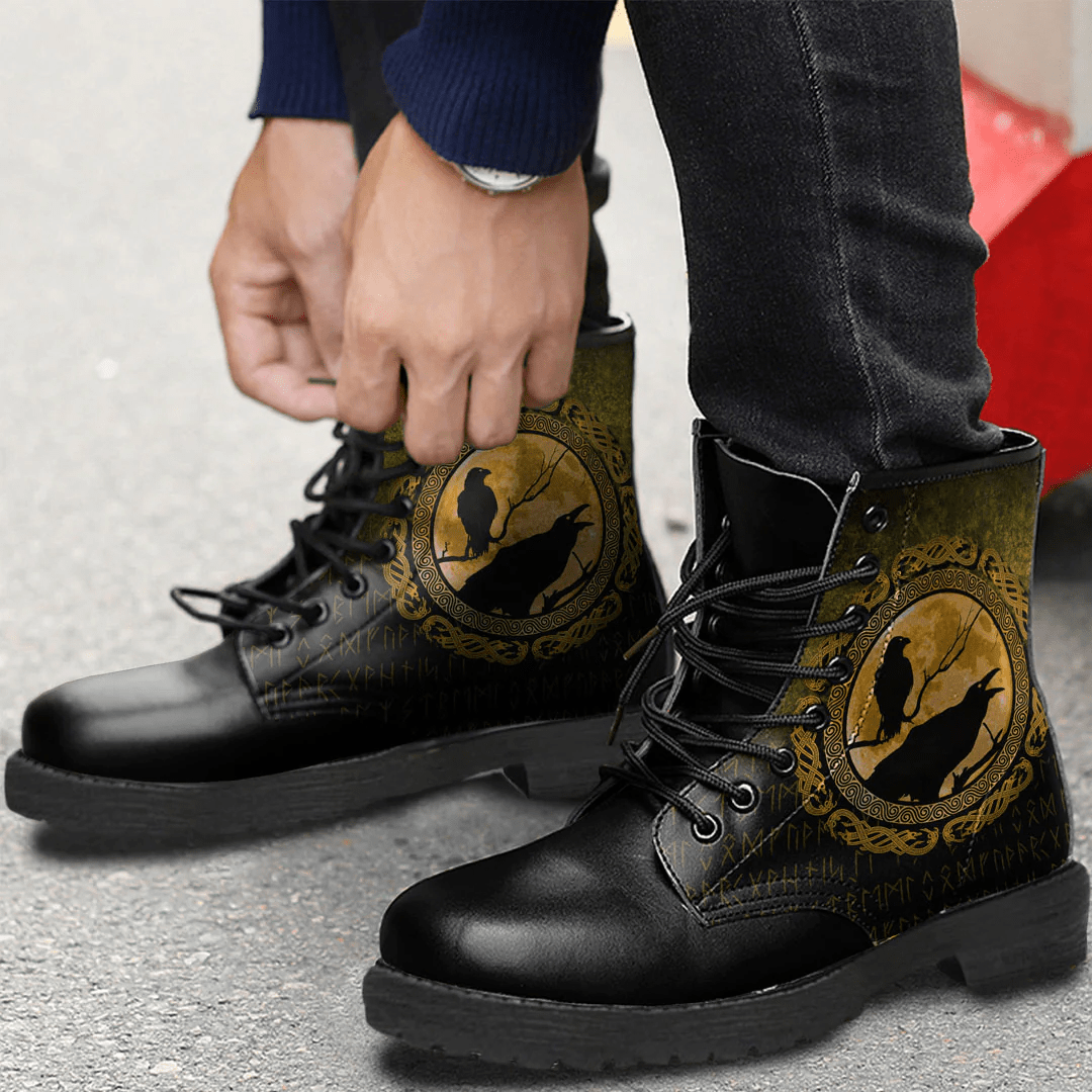 Boots Vikings Hugin Munin Odins Ravens Gold Leather Boots