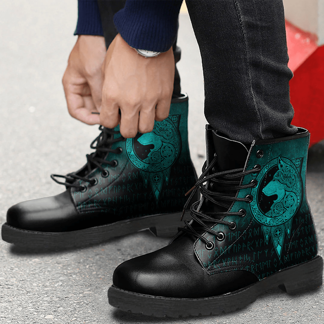 Boots Viking Norse Wolf Cyan Leather Boots