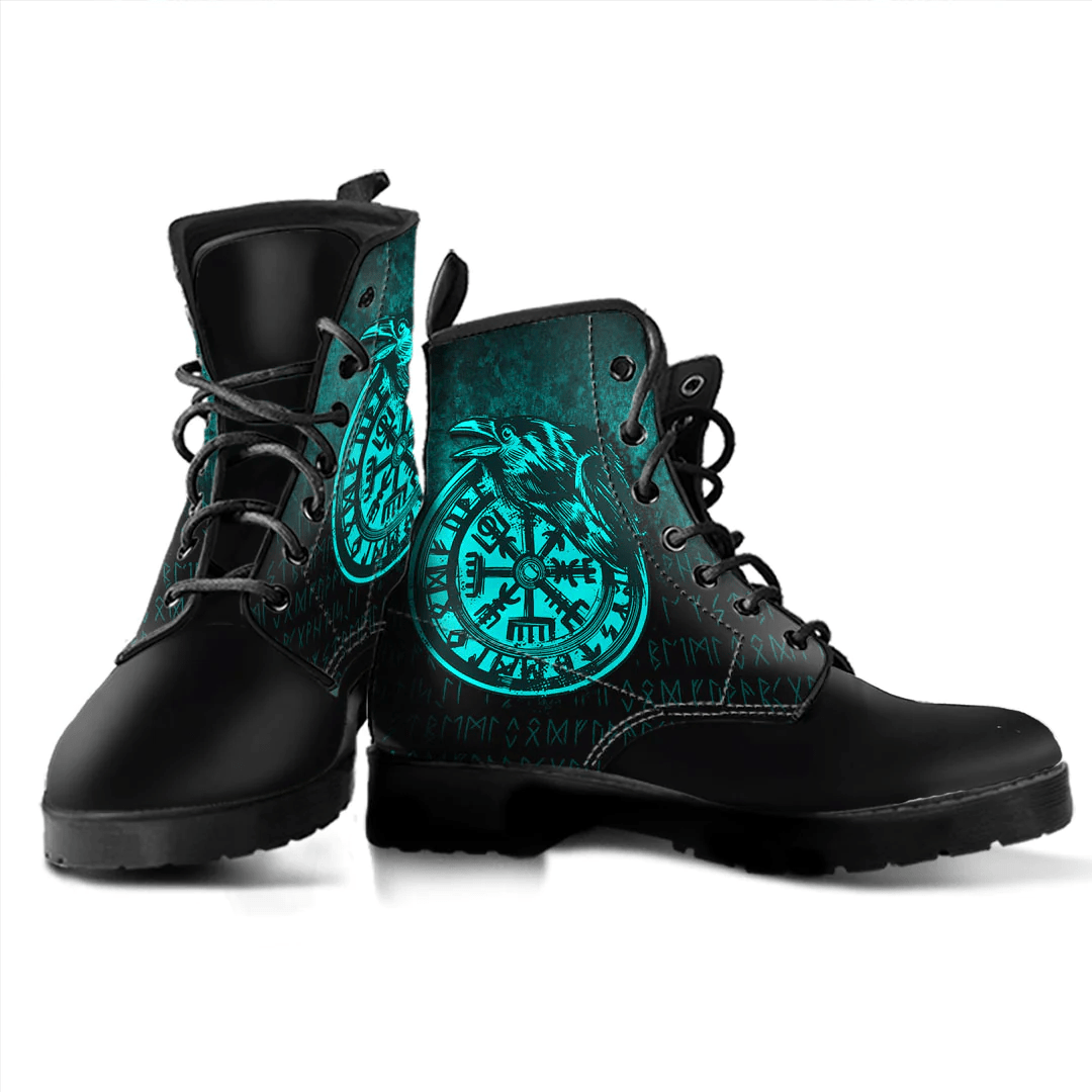 Boots Viking Vegvisir Rune With Crow Cyan Leather Boots